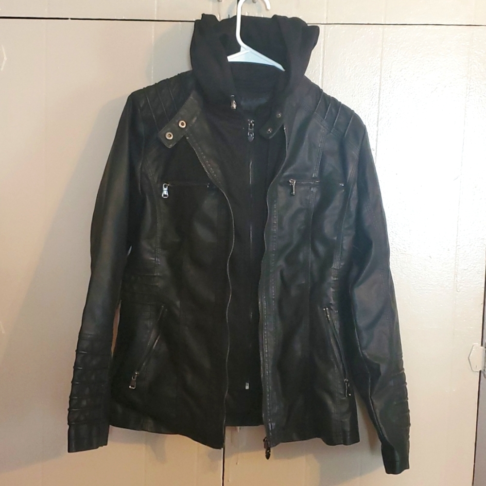 Black leather coat with faux hoodie